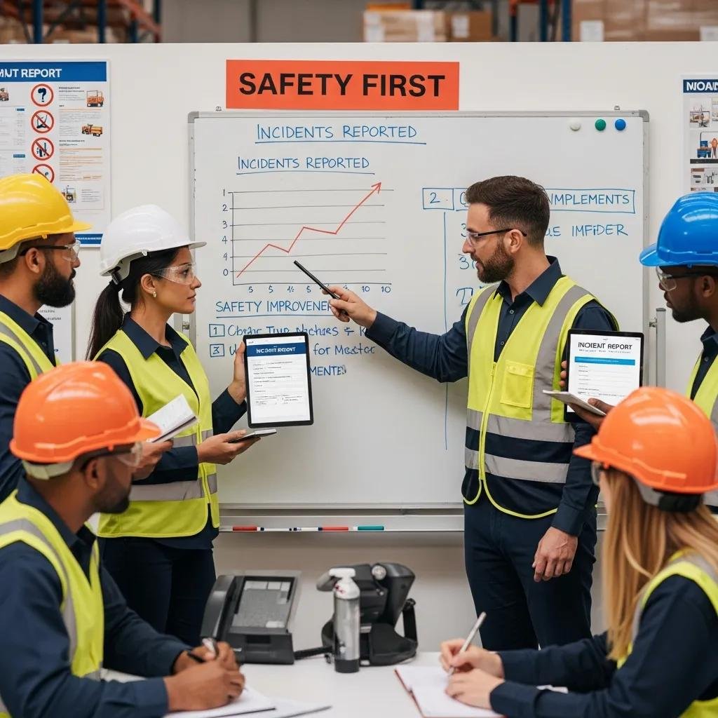 Warehouse team discussing incident reporting and safety improvements