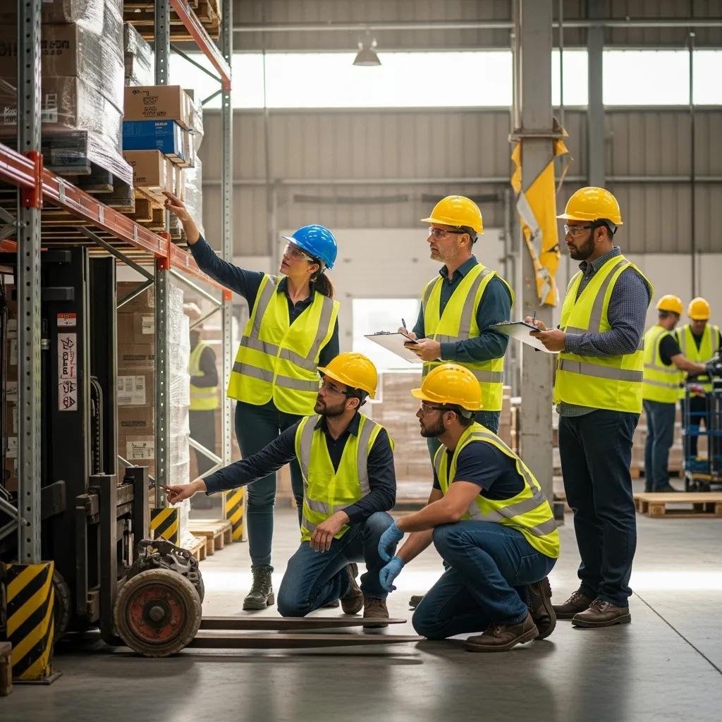 Warehouse team identifying hazards during a safety inspection