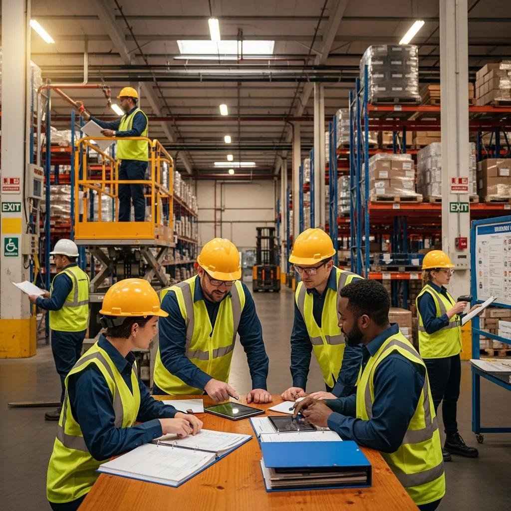 Warehouse team conducting safety inspections and reviewing compliance documents, wearing safety gear, and preparing for an upcoming warehouse inspection.