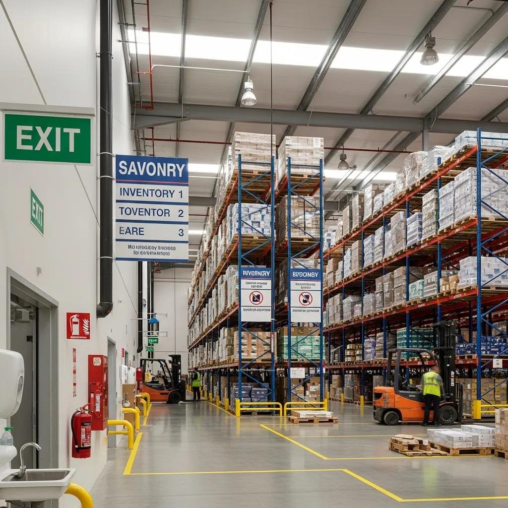 Warehouse with compliant storage systems and safety measures