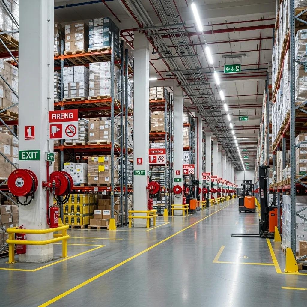 Warehouse with high pile storage showcasing organized stacks and fire safety equipment