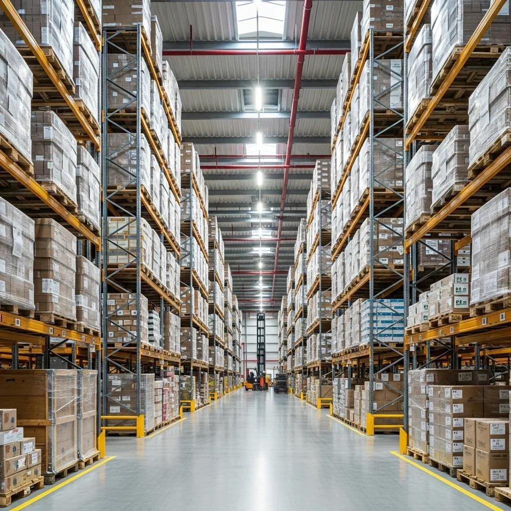 Warehouse with high pile storage showcasing organized stacks and fire safety equipment