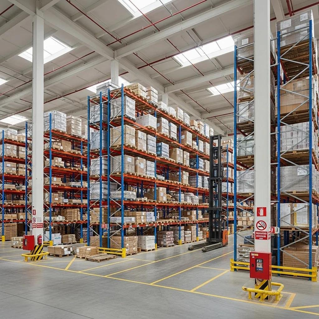 Warehouse with pallet racking systems demonstrating proper flue space for fire safety