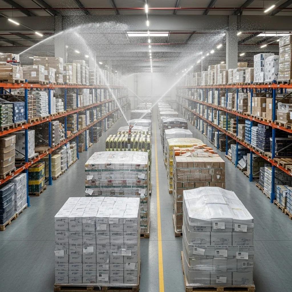 Warehouse with sprinkler system demonstrating fire protection strategies for commodity classification