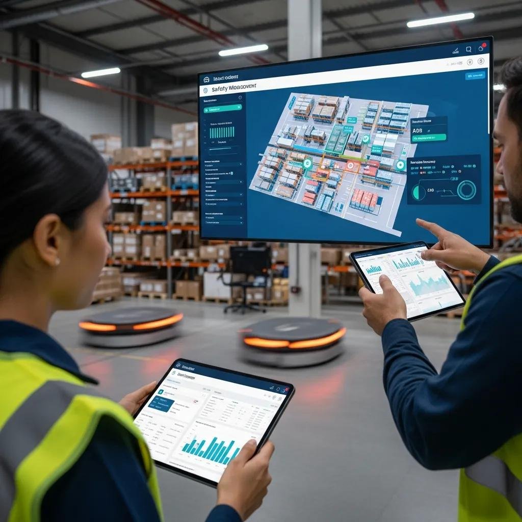Warehouse worker analyzing incident data using safety management software on a computer