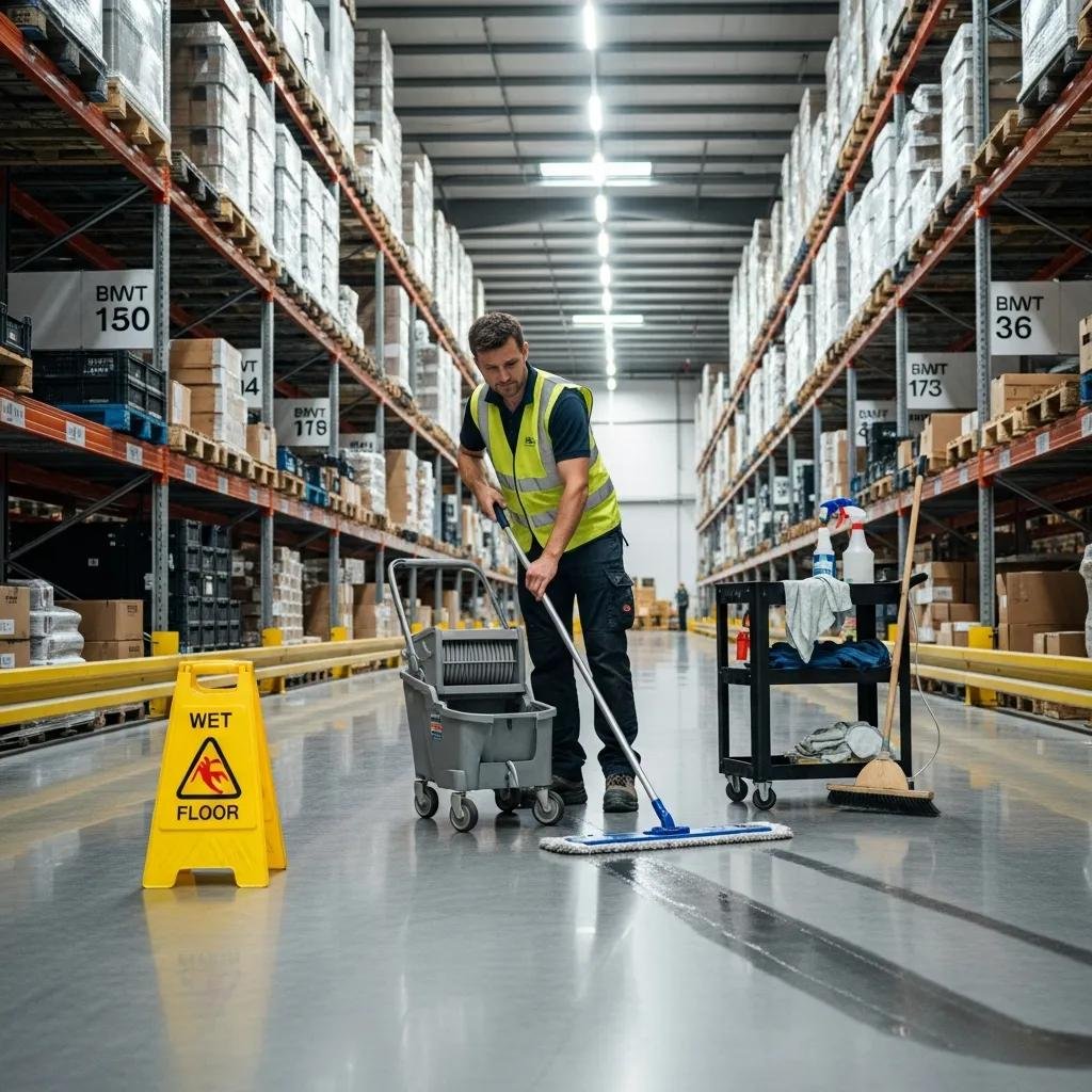 Warehouse worker cleaning an aisle, showcasing effective cleaning procedures