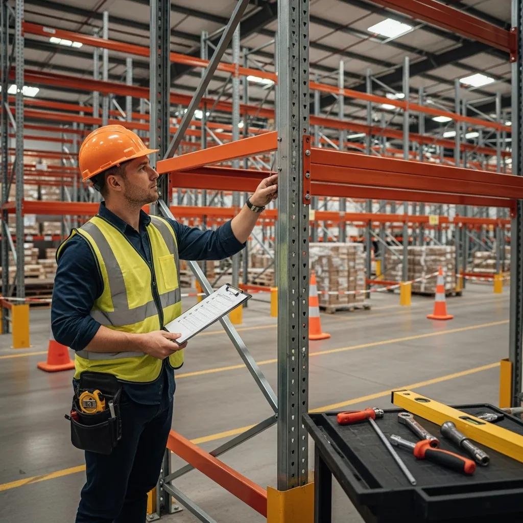 Warehouse worker inspecting pallet racking system with a checklist