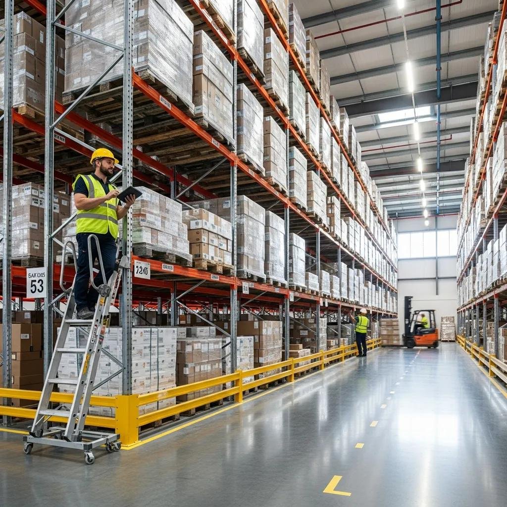 Warehouse worker inspecting pallet racking systems for safety compliance