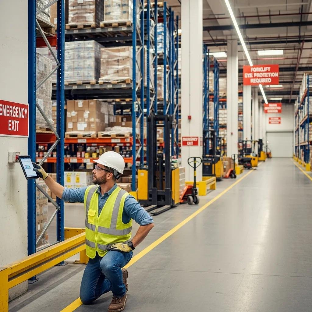 Warehouse worker inspecting safety compliance measures in a well-organized environment