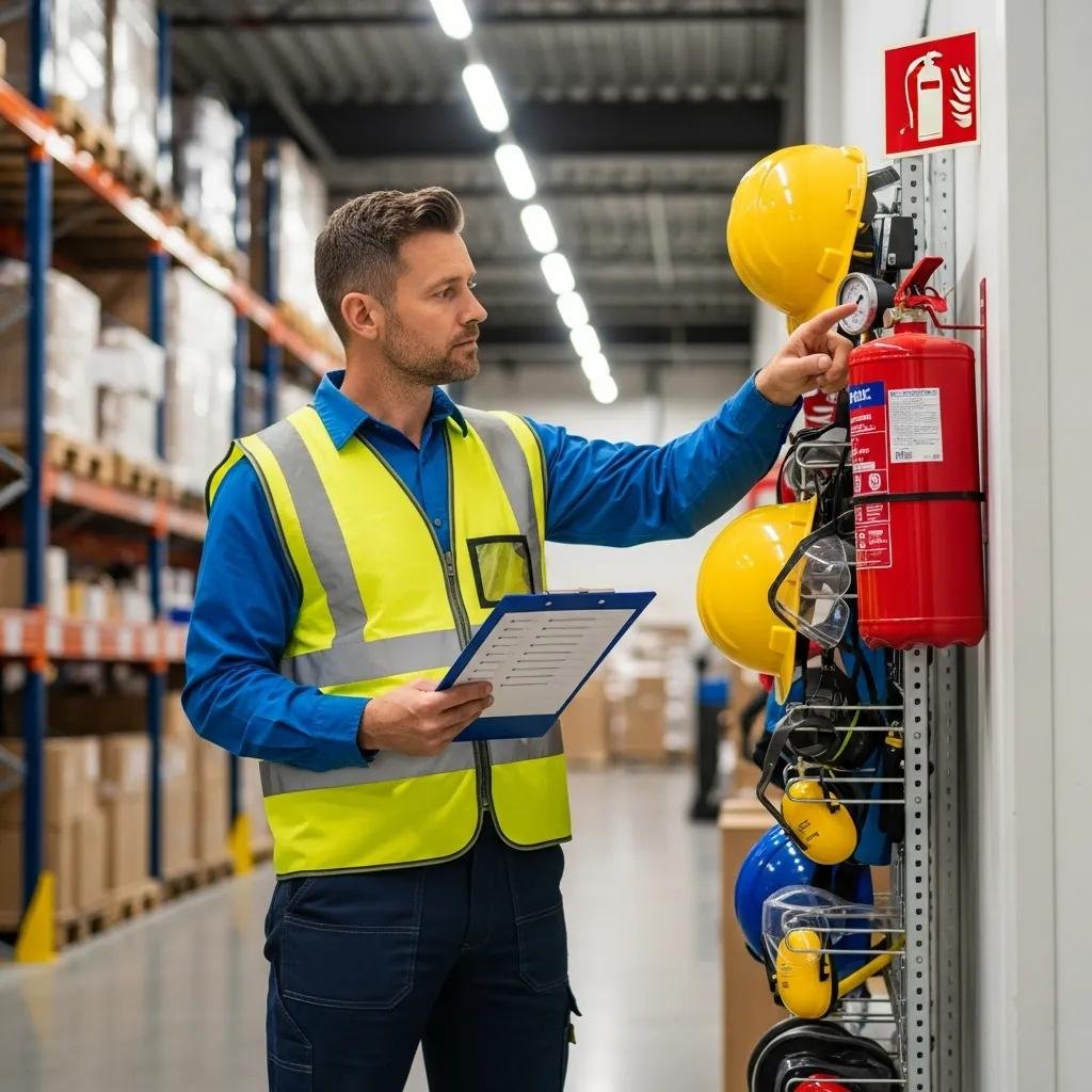 Warehouse worker inspecting safety equipment and PPE, highlighting safety inspection importance
