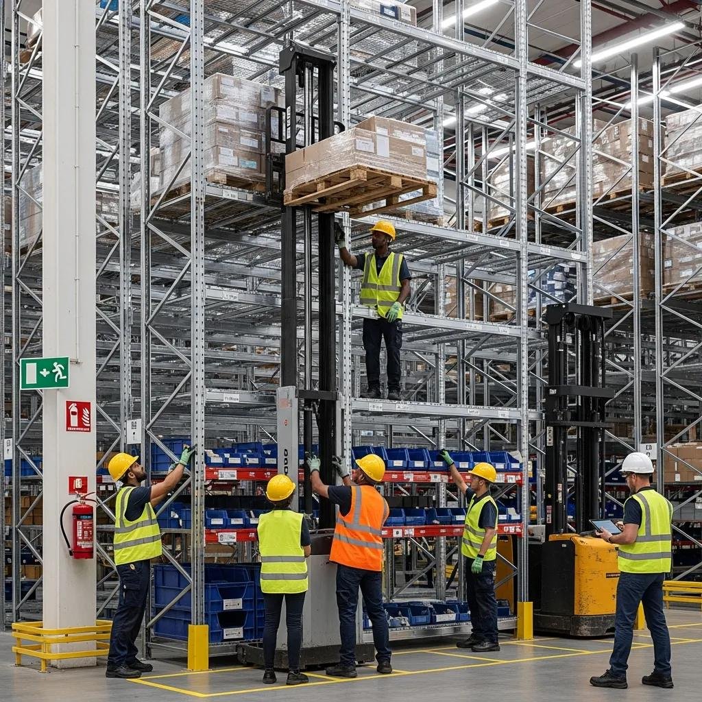 Warehouse workers collaborating on rack reconfiguration in a modern warehouse setting