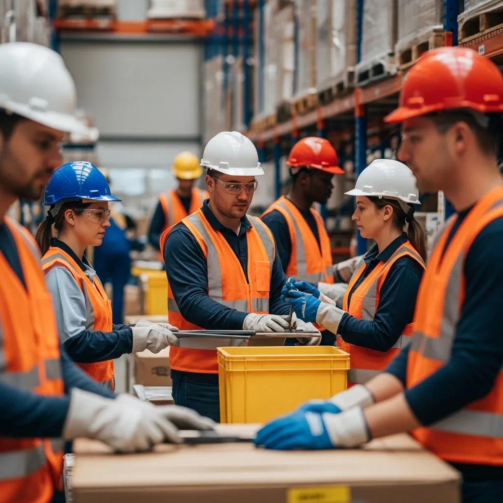 Warehouse workers in PPE demonstrating safety compliance and teamwork