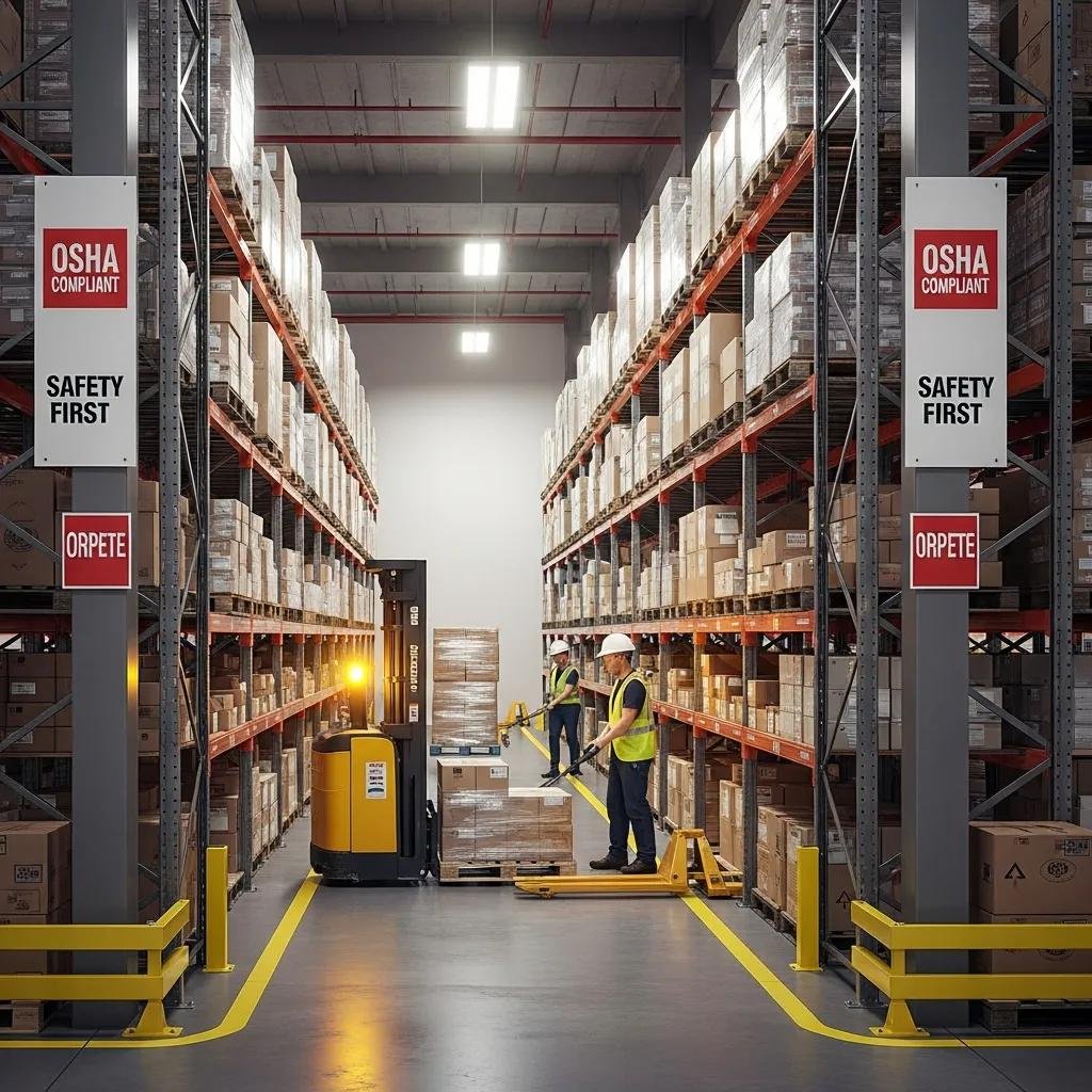 Warehouse workers in safety gear operating forklifts and following OSHA safety regulations