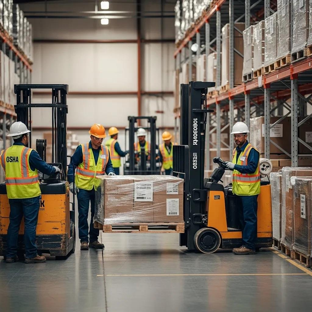Warehouse workers in safety gear operating forklifts and handling materials, showcasing OSHA compliance